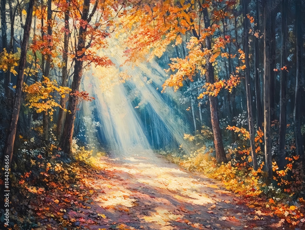 An enchanted forest scene with sunlight streaming through dense trees, illuminating a trail covered in vibrant autumn leaves. An enchanted forest scene with sunlight streaming through dense trees, illuminating a trail covered in vibrant autumn leaves.