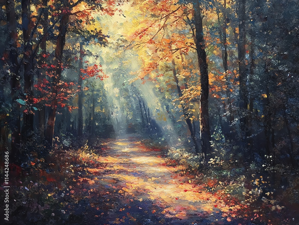 An enchanted forest scene with sunlight streaming through dense trees, illuminating a trail covered in vibrant autumn leaves. An enchanted forest scene with sunlight streaming through dense trees, illuminating a trail covered in vibrant autumn leaves.
