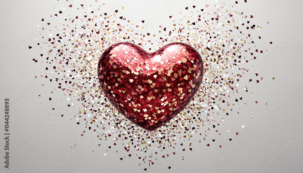 A red heart with gold glitter is surrounded by a cloud of hearts on white background A red heart with gold glitter is surrounded by a cloud of hearts on white background