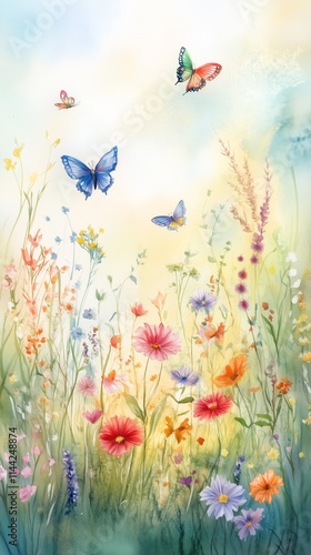Ethereal watercolor illustration of a dreamy meadow with colorful wildflowers and butterflies, high-quality, ethereal allure, nature's symphony