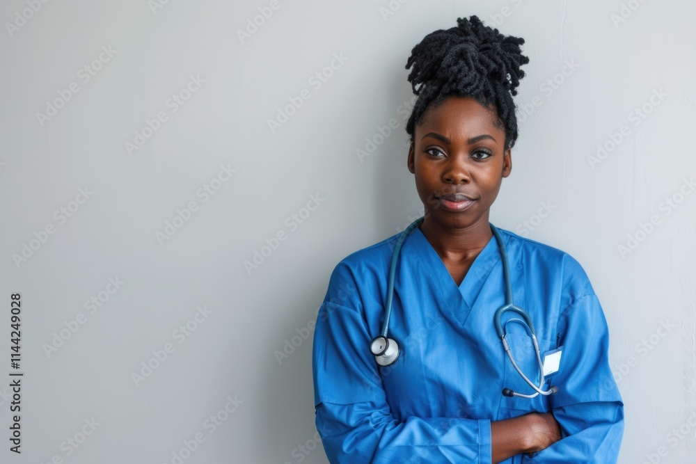 Friendly female black doctor posing in blue uniform with stethoscope