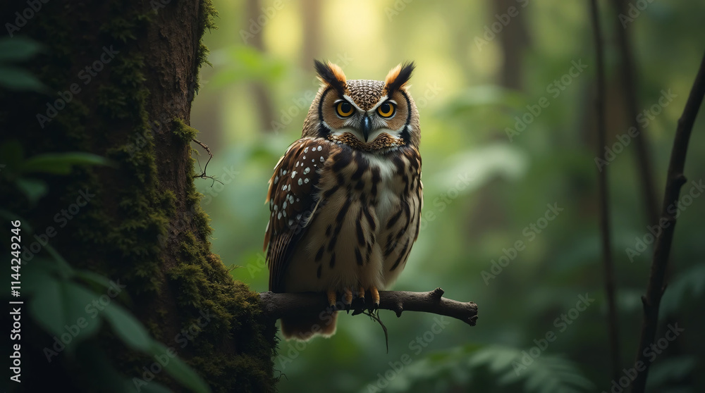 An owl perched on a branch in the forest An owl perched on a branch in the forest