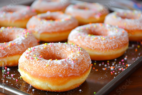 Wallpaper Mural Close-up of sugar-coated donuts with colorful sprinkles on a baking tray. Torontodigital.ca