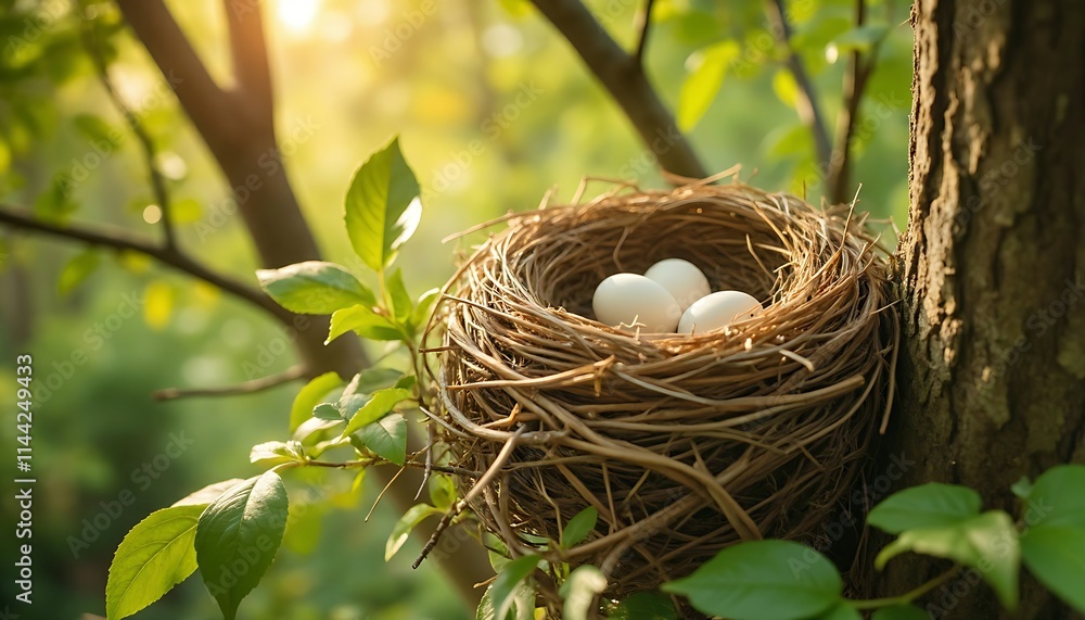 Bird nest with eggs on the tree branch, wildlife animal Bird nest with eggs on the tree branch, wildlife animal