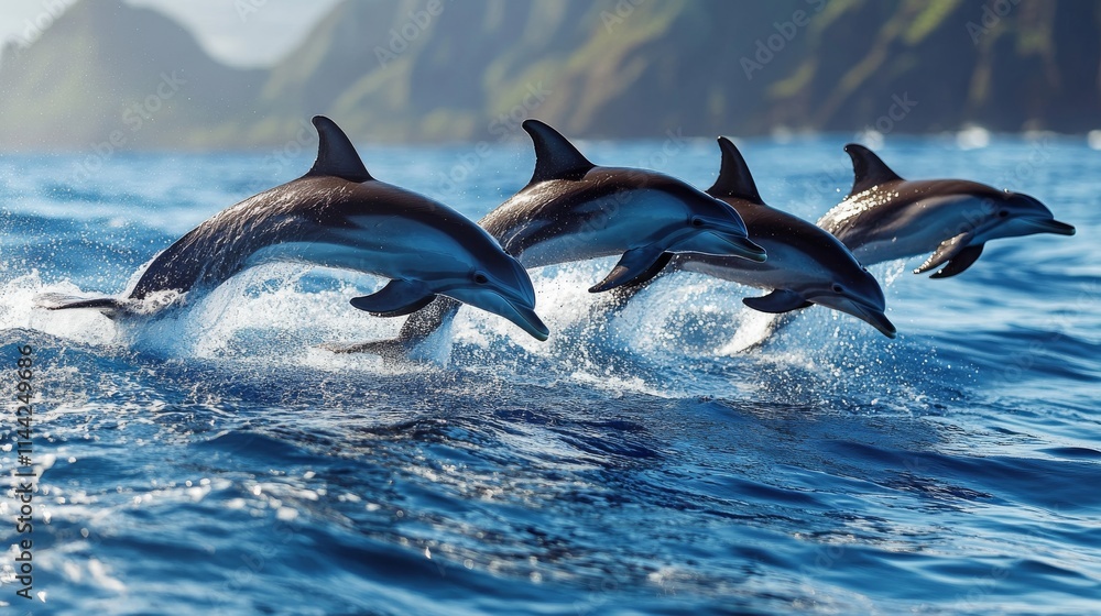 Fototapeta premium A pod of dolphins jumping out of the water near Hawaii's coast