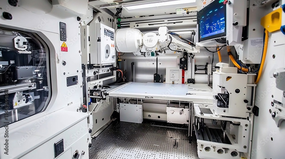 Interior view of automated industrial machinery with robotic arm and control panel. Interior view of automated industrial machinery with robotic arm and control panel.