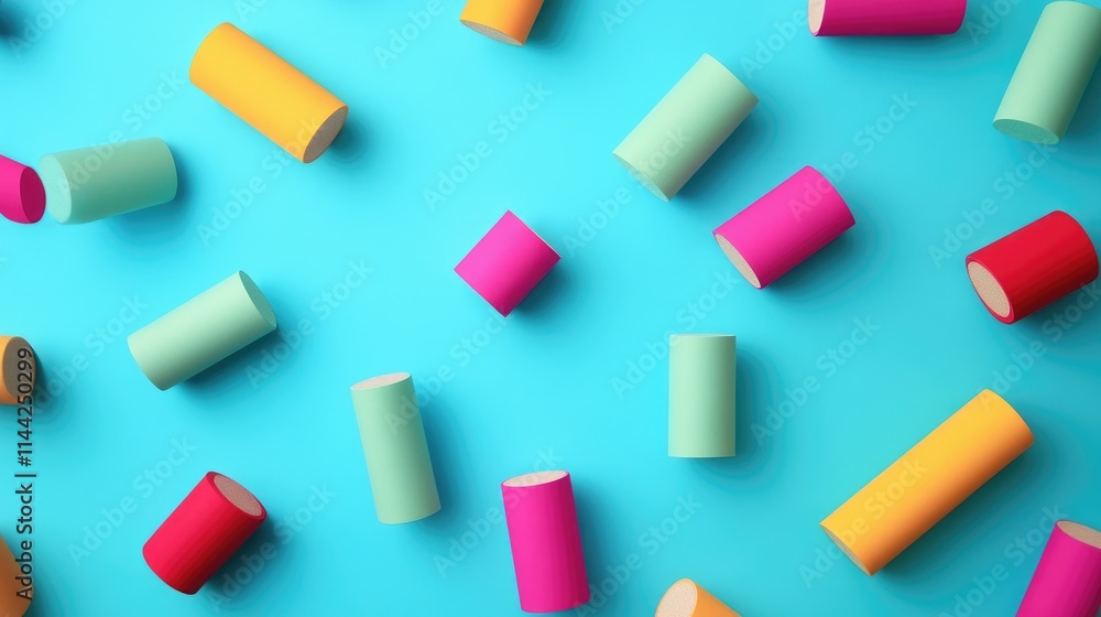 Minimalistic display of vibrant cylindrical shapes scattered across a clean turquoise background Minimalistic display of vibrant cylindrical shapes scattered across a clean turquoise background