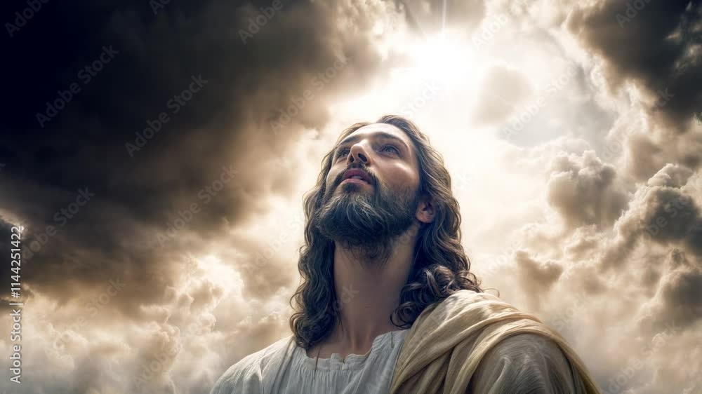 Jesus prays to his Father as large clouds move above him Jesus prays to his Father as large clouds move above him