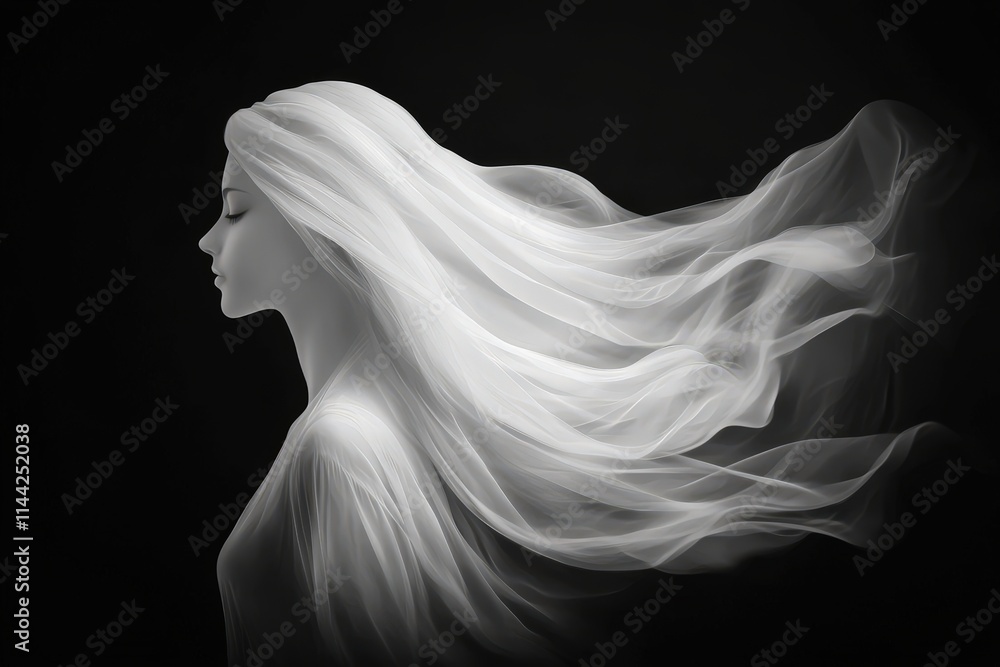 A serene profile of a woman with flowing white hair against a dark background, capturing a sense of elegance and ethereal beauty. A serene profile of a woman with flowing white hair against a dark background, capturing a sense of elegance and ethereal beauty.