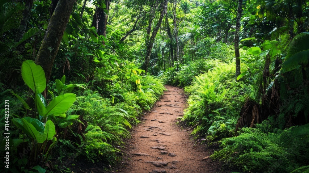 A secluded hiking trail on Hawaii Island leading through dense tropical jungle A secluded hiking trail on Hawaii Island leading through dense tropical jungle