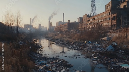 A revealing scene where confronts pollution issues, with subtle hints of hazy air, littered debris, and nature’s resilience fighting back 