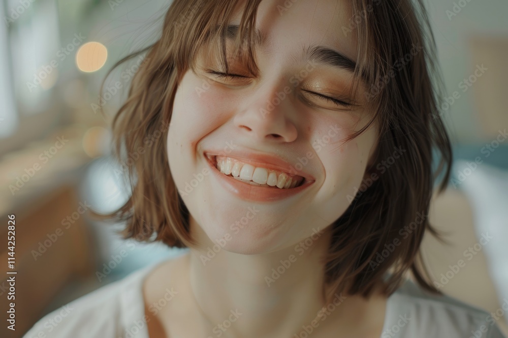 Happy teenage girl laughing with closed eyes indoors. Happy teenage girl laughing with closed eyes indoors.