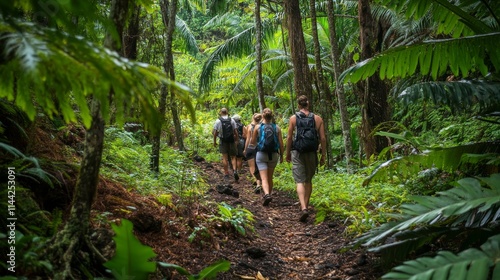 Fototapeta Naklejka Na Ścianę i Meble -  A small group on a guided ecotourism hike through a Hawaiian jungle
