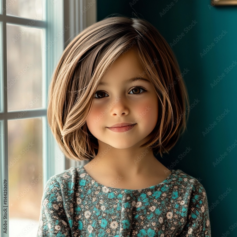A 5-year-old girl with short brown hair stands in front of a window in a room with blue-green walls. She gives a warm smile and looks directly at the camera, revealing her youthful innocence. A 5-year-old girl with short brown hair stands in front of a window in a room with blue-green walls. She gives a warm smile and looks directly at the camera, revealing her youthful innocence.