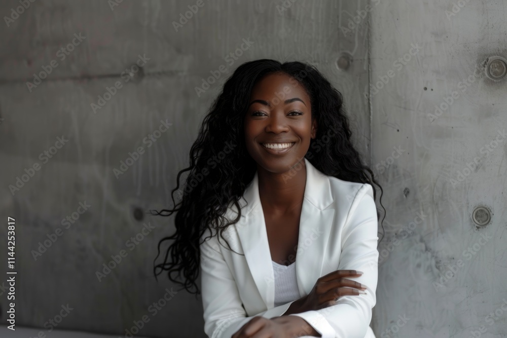 Portrait of smiling Black woman in white blazer against gray wall. Portrait of smiling Black woman in white blazer against gray wall.