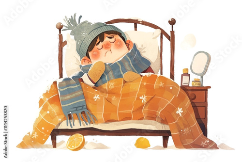 Cozy illustration of a bundled up child feeling under the weather, surrounded by a warm blanket, scarf,