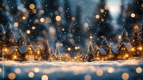 A winter-themed Christmas panorama with wooden houses, Christmas lights, and glowing golden lights in a snowy setting, ideal for holiday projects. 