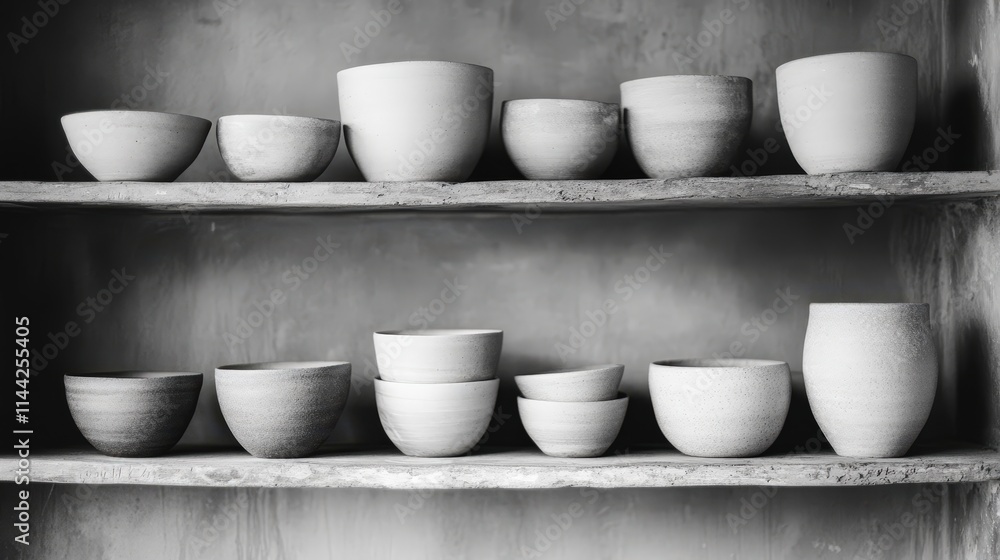 A minimalist display of various ceramic bowls arranged on wooden shelves, showcasing a blend of shapes and sizes in a monochromatic setting. A minimalist display of various ceramic bowls arranged on wooden shelves, showcasing a blend of shapes and sizes in a monochromatic setting.