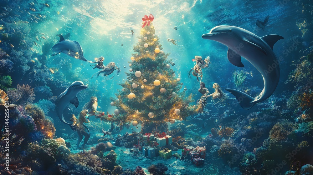 Fototapeta premium A beautiful Christmas tree surrounded by mermaids and dolphins, under the sea with coral reefs.