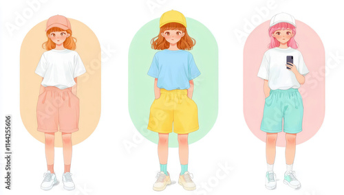 Three adorable girls in casual attire and colorful backgrounds illustrated art