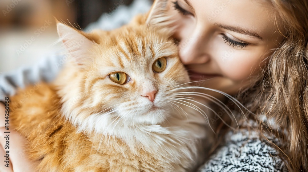 Close-up of a young woman gently cuddling her fluffy ginger cat. Close-up of a young woman gently cuddling her fluffy ginger cat.