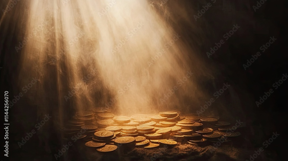 Fototapeta premium Glimmering Treasure of Coins in Dramatic Light and Mystical Shadows