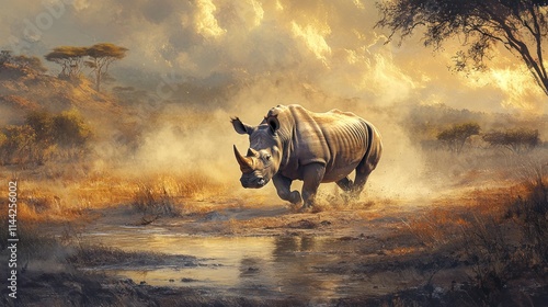 A white rhino charging towards a waterhole in KwaZulu-Natal. The dust rises from the dry ground as the rhino approaches, eager to drink from the shimmering water surrounded by the African landscape