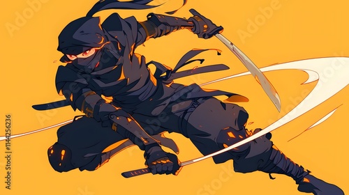 Modern ninja character in 2D anime style, sleek and cool with a dynamic pose. photo