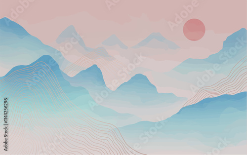 abstract japanese landscape on light background with gradient, semi watercolor