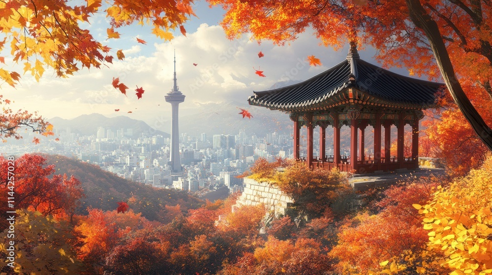 Obraz premium The traditional pavilion at Namsan Tower offers a breathtaking view of the city and the fall foliage surrounding it.
