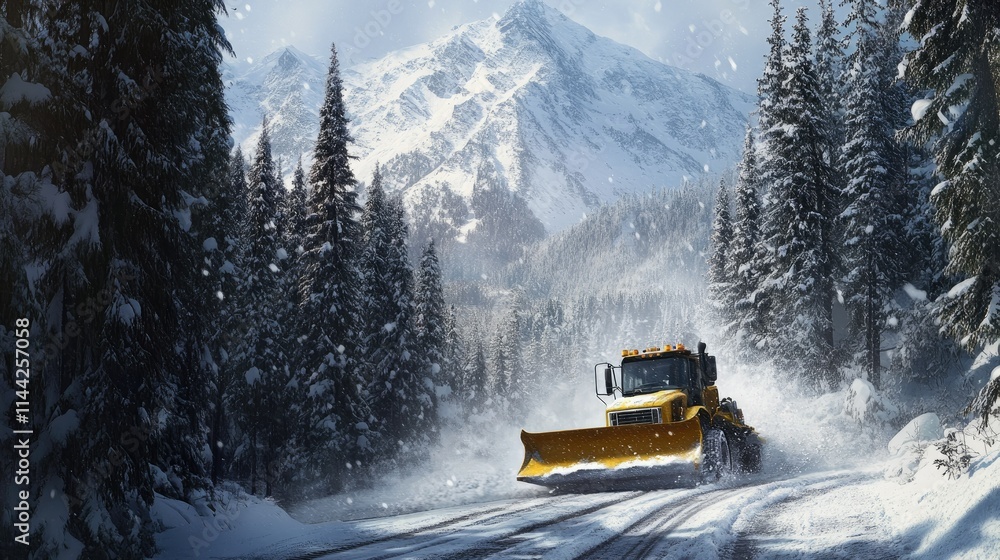 Snow Plow Operation in Winter Landscape with Mountains and Trees Snow Plow Operation in Winter Landscape with Mountains and Trees
