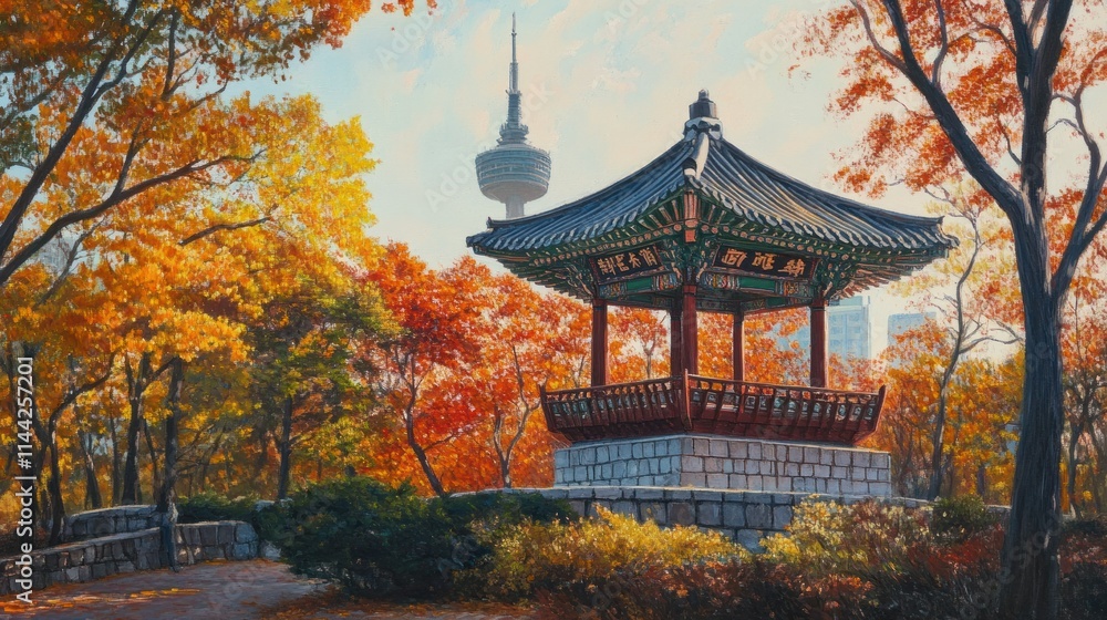 The warm glow of autumn at Namsan Tower, with vibrant fall foliage surrounding the pavilion. The contrasting colors of the leaves against the tower and traditional structure make The warm glow of autumn at Namsan Tower, with vibrant fall foliage surrounding the pavilion. The contrasting colors of the leaves against the tower and traditional structure make