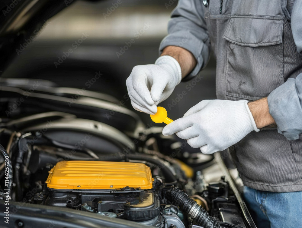 Mechanics repair engine testing. A mechanic checks engine oil level in a vehicle under maintenance. Mechanics repair engine testing. A mechanic checks engine oil level in a vehicle under maintenance.