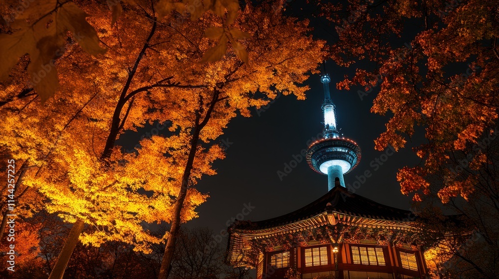 Fototapeta premium The warm glow of autumn at Namsan Tower, with vibrant fall foliage surrounding the pavilion. The contrasting colors of the leaves against the tower and traditional structure make