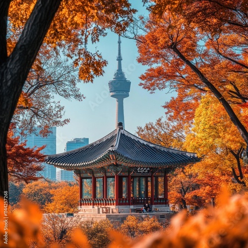 These prompts offer a variety of views of Namsan Tower, the pavilion, and the beautiful autumn leaves surrounding them, each capturing the peaceful and vibrant nature of Seoul in fall.