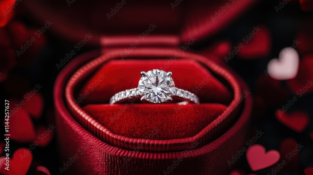 Elegant Diamond Engagement Ring in Red Velvet Box with Hearts Elegant Diamond Engagement Ring in Red Velvet Box with Hearts