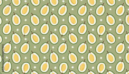 Seamless pattern with durian fruit on green background. Vector illustration.