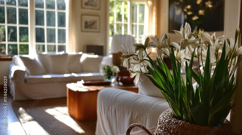 Sunlit living room with white sofa, coffee table, and white flowers in a wicker basket.