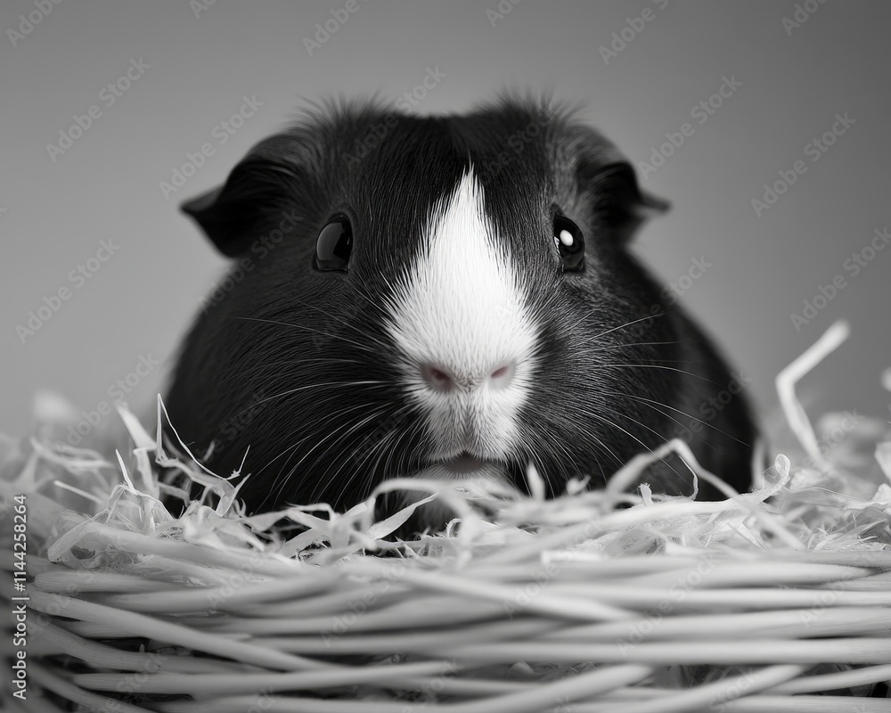 A cute black and white guinea pig nestled in a straw nest, showcasing its distinctive markings and curious expression. A cute black and white guinea pig nestled in a straw nest, showcasing its distinctive markings and curious expression.