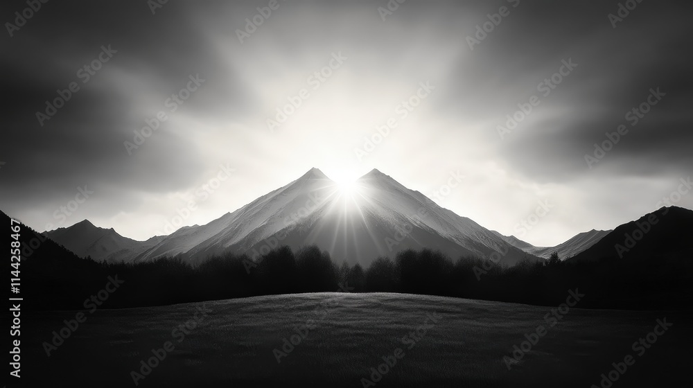 Fototapeta premium A dramatic black-and-white image of mountains with a radiant sun emerging from behind, casting powerful rays through the clouds.