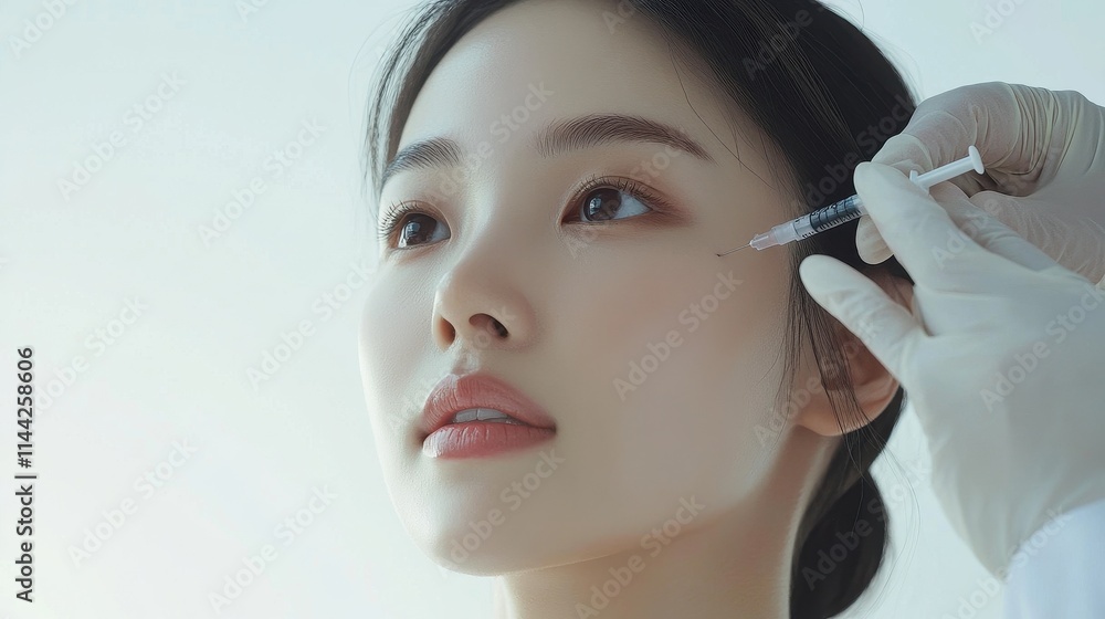 Young asian woman is getting filler her face,getting her lip filler by Plastic surgeon,Woman face being checked doctor hands to cosmetic surgery,rhinoplasty surgery in clinic. Young asian woman is getting filler her face,getting her lip filler by Plastic surgeon,Woman face being checked doctor hands to cosmetic surgery,rhinoplasty surgery in clinic.
