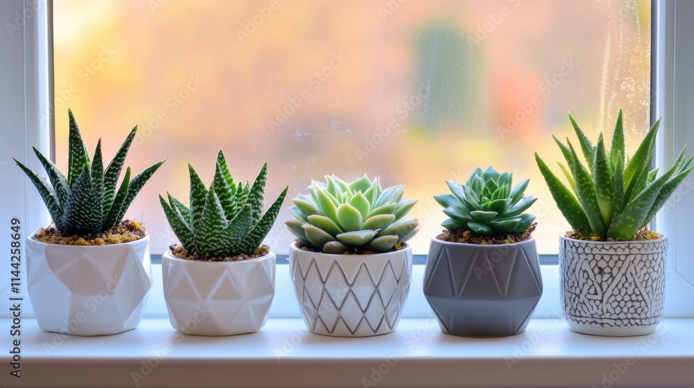 Varied Succulent Plants in Decorative Pots on Bright Window Sill Varied Succulent Plants in Decorative Pots on Bright Window Sill