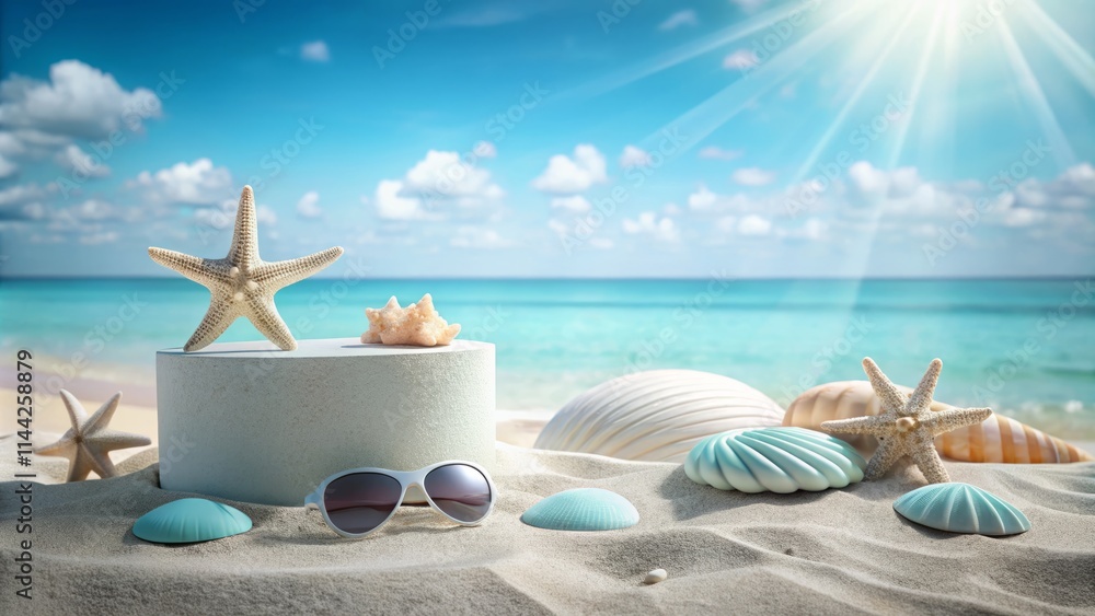 Pastel Blue Beach Scene Product Display: Summer Podium Mockup, Summer Background, Beach Props Pastel Blue Beach Scene Product Display: Summer Podium Mockup, Summer Background, Beach Props