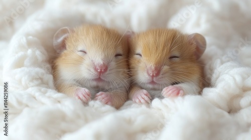 Two adorable baby hamsters sleeping together in a soft white blanket.