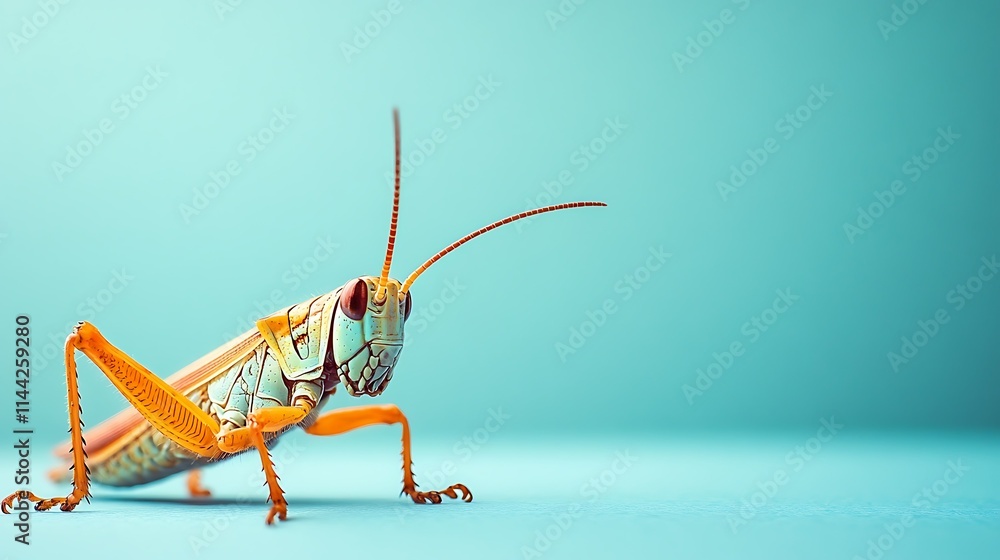 Fototapeta premium Vibrant orange and teal grasshopper on a light blue background.