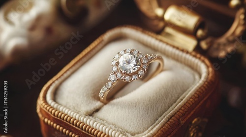 Elegant diamond ring in vintage jewelry box on soft fabric background photo