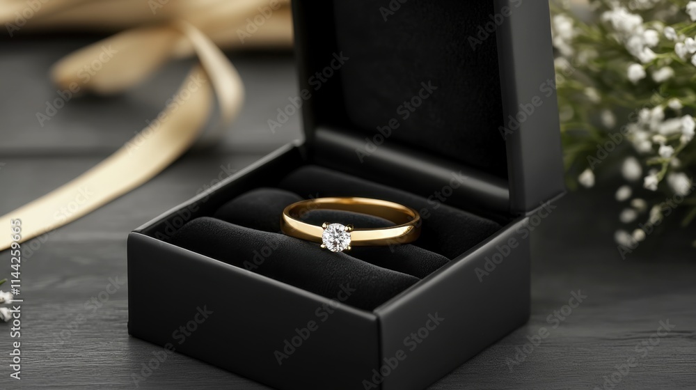 Elegant Gold Ring in Black Box with Floral Accents and Ribbon Elegant Gold Ring in Black Box with Floral Accents and Ribbon