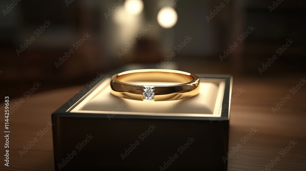 Elegant Gold Ring with Diamond on Display in Jewelry Box Elegant Gold Ring with Diamond on Display in Jewelry Box