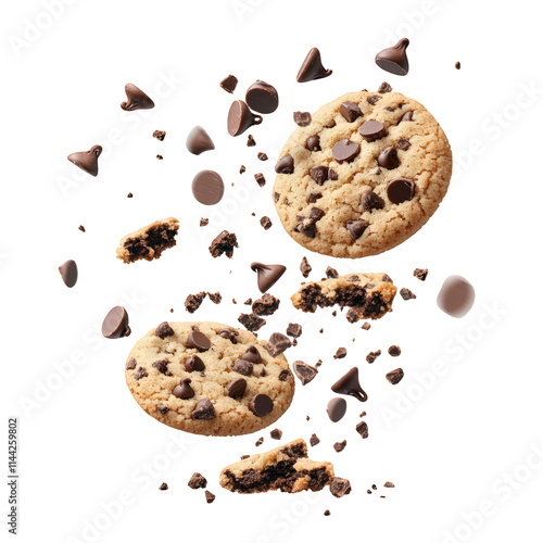 Falling Chocolate Chip Cookies Isolated on Transparent Background photo