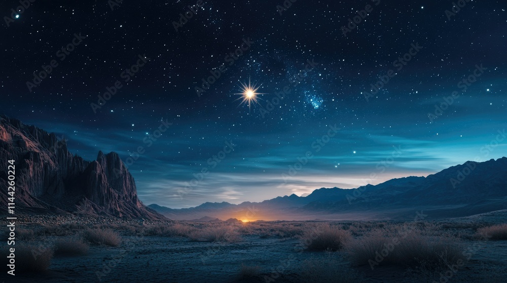 The Star of Bethlehem shining prominently above the desert, guiding travelers across the stillness of the night The Star of Bethlehem shining prominently above the desert, guiding travelers across the stillness of the night
